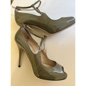 VALENTINO GARAVANI Gray green  Leather Peep Toe T Strap Heels Size EU‎ 38.5 8